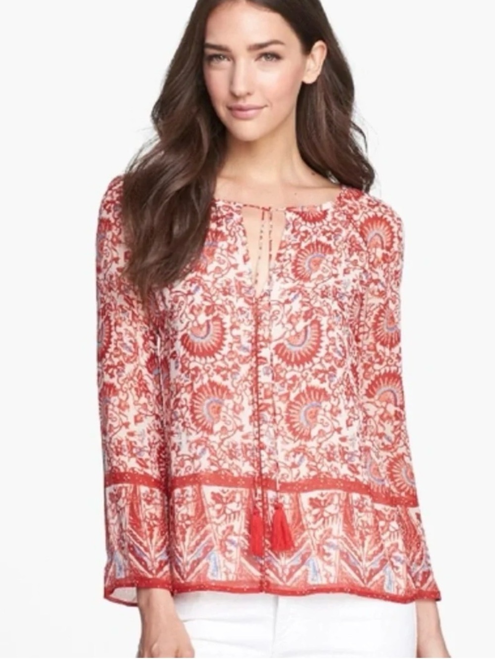Tory Burch Danika Silk Boho Floral Tassel Tie Neck Tunic Blouse Size 4 Peasant
